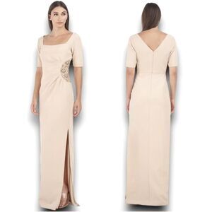JS Collections Column Gown 8 Embellished Side Slit Formal Event Cream Ashley